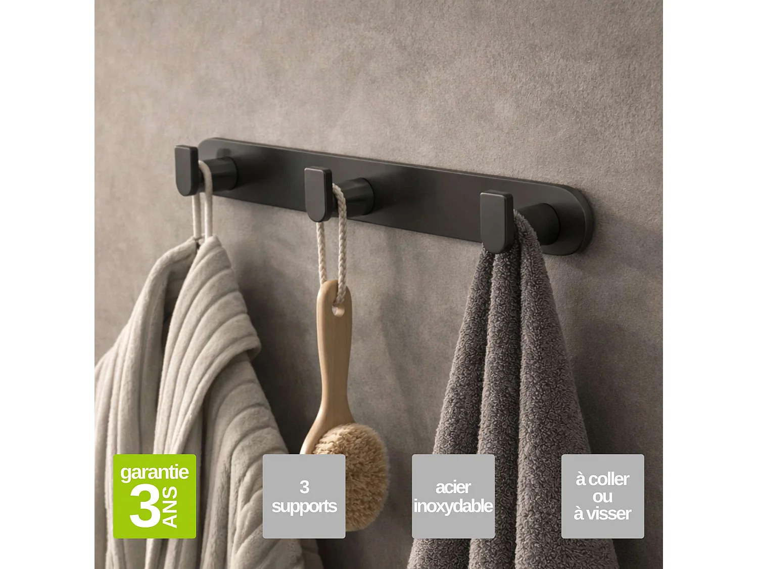 Patère murale salle de bain 25cm et porte serviette 50 cm - acier inoxydable S.304 gun métal - Fixation Collée ou Vissée