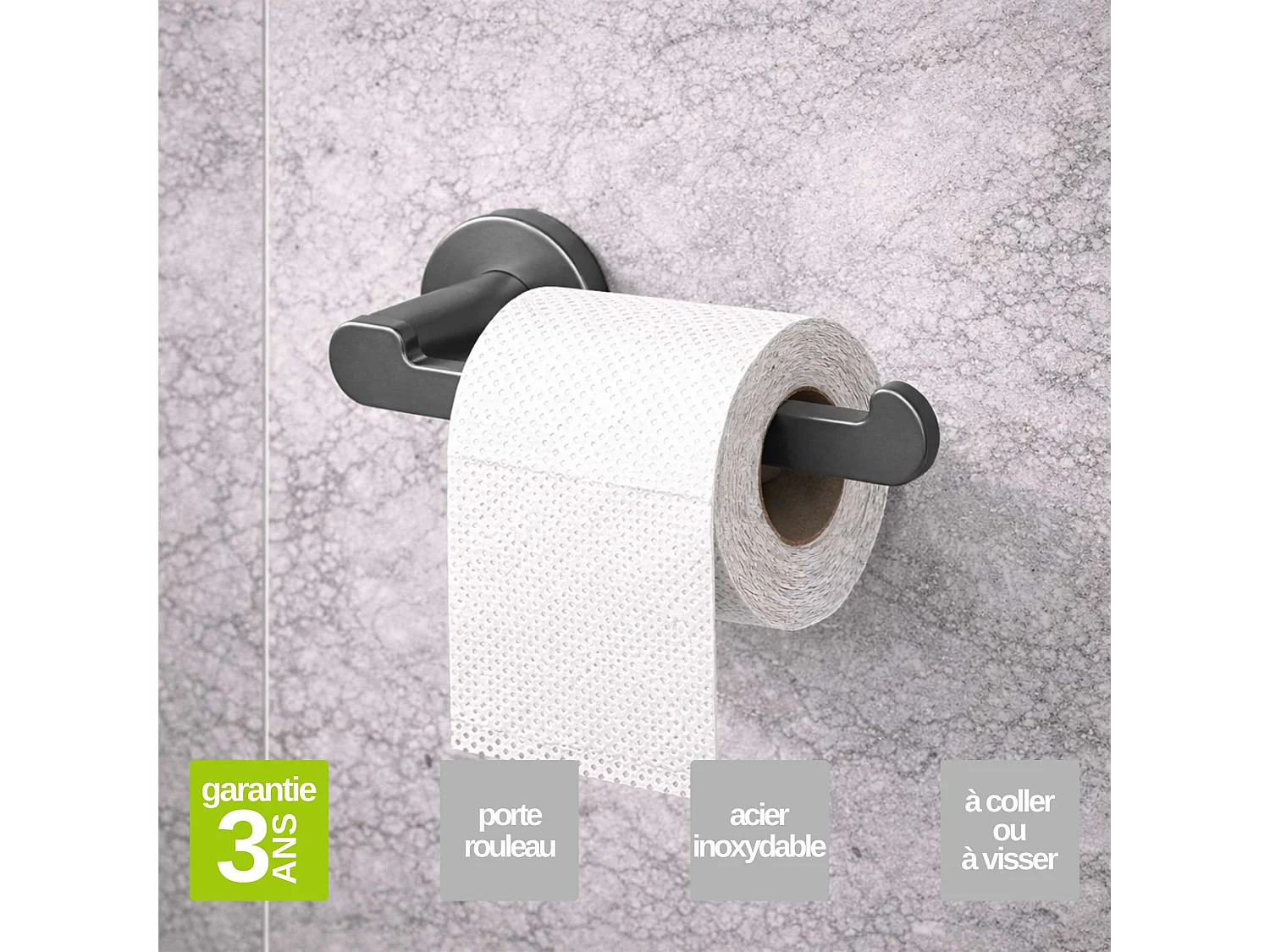 Porte papier toilette et Porte-balai WC - acier inoxydable S.304 gun métal - Fixation Collée ou Vissée