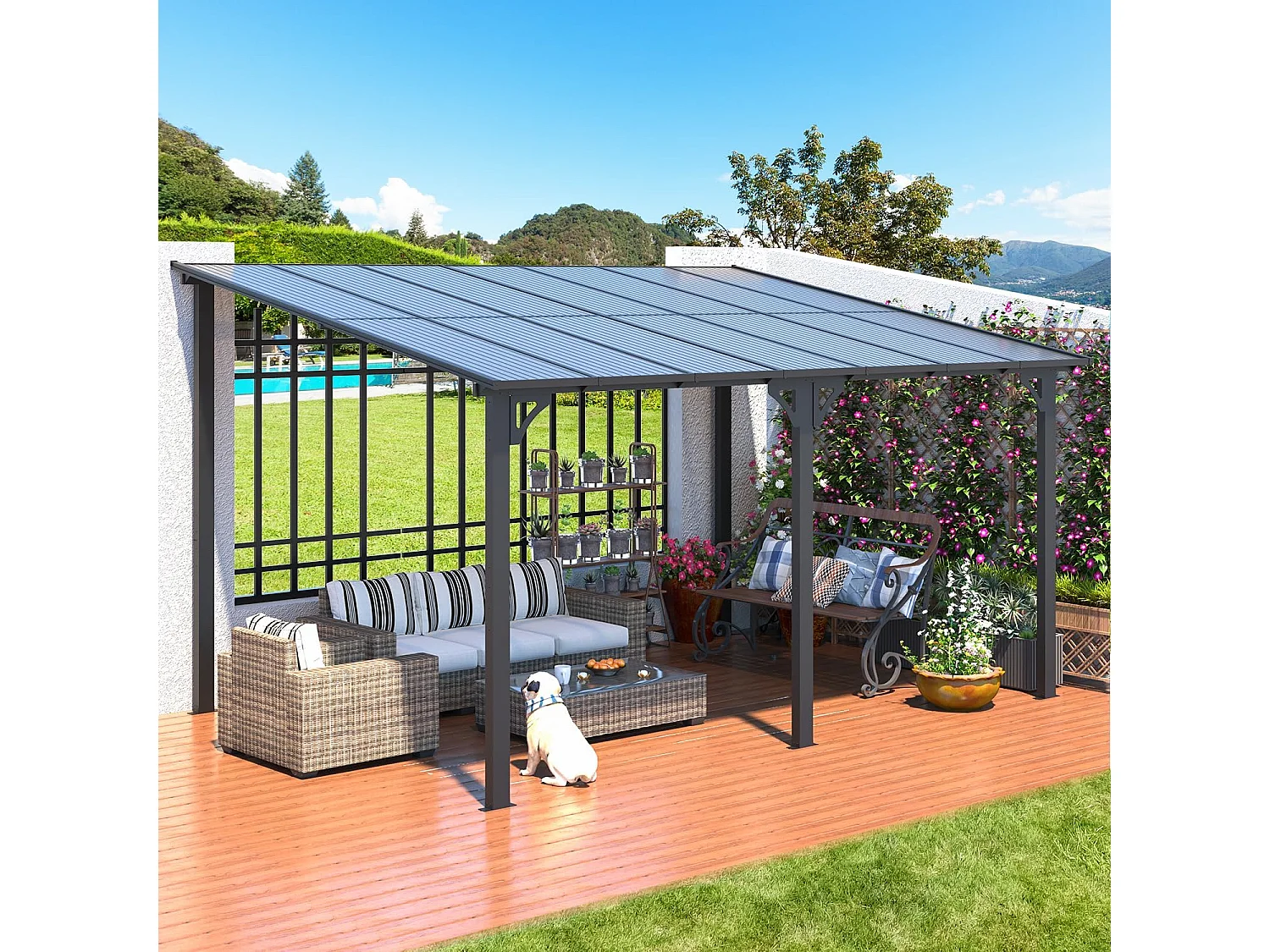 YODOLLA - Pergola Murale en Aluminium - toit incliné - Résistant aux UV & Vent - Tonnelle Jardin Exterieur - 4.3x3M - Noir