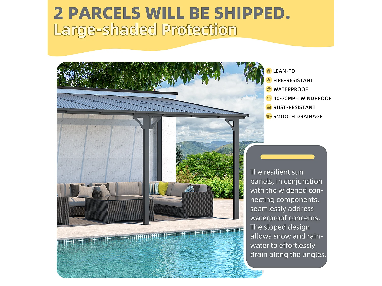 YODOLLA - Pergola Murale en Aluminium - toit incliné - Résistant aux UV & Vent - Tonnelle Jardin Exterieur - 4.3x3M - Noir