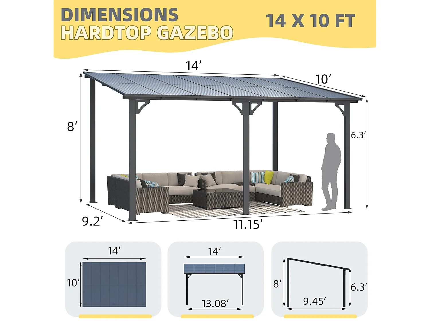 YODOLLA - Pergola Murale en Aluminium - toit incliné - Résistant aux UV & Vent - Tonnelle Jardin Exterieur - 4.3x3M - Noir
