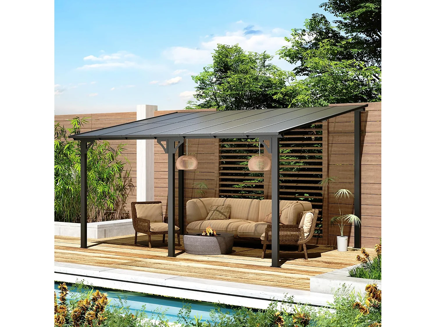 YODOLLA - Pergola Murale en Aluminium - toit incliné - Résistant aux UV & Vent - Tonnelle Jardin Exterieur - 4.3x3M - Noir