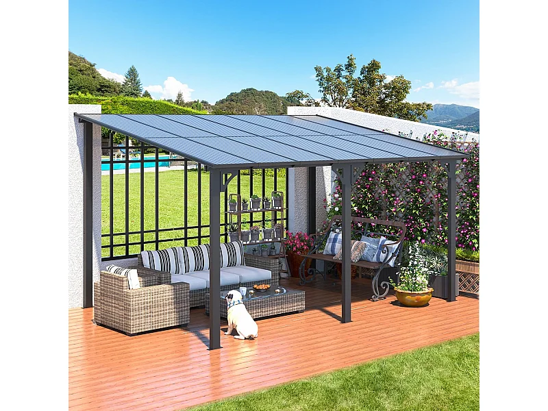 YODOLLA - Pergola Murale en Aluminium - toit incliné - Résistant aux UV & Vent - Tonnelle Jardin Exterieur - 4.3x3M - Noir