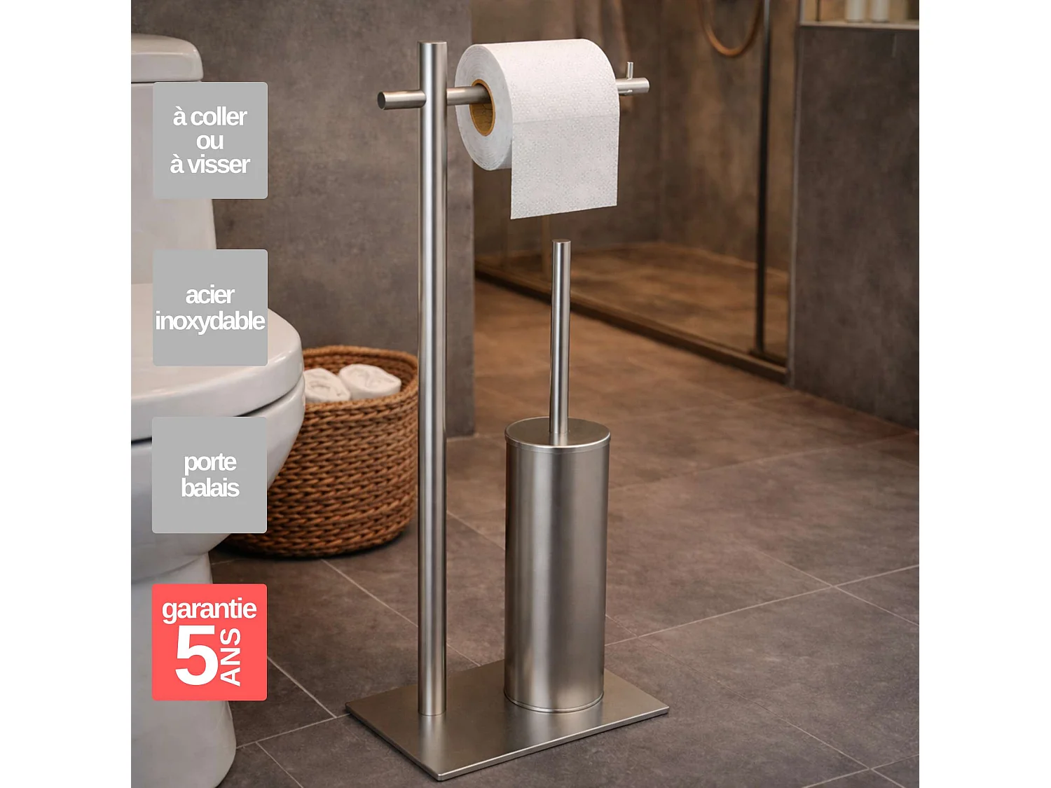 Porte papier toilette avec Porte-balai WC intégré - acier inoxydable S.316 - Fixation Collée ou Vissée