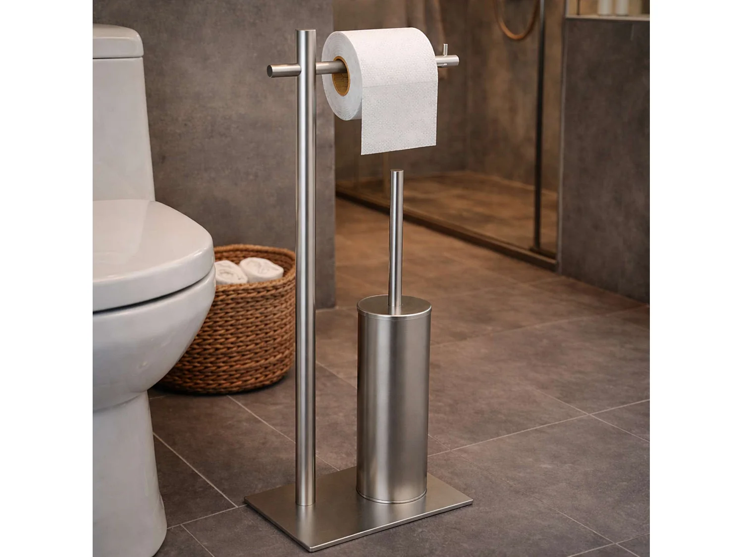 Porte papier toilette avec Porte-balai WC intégré - acier inoxydable S.316 - Fixation Collée ou Vissée