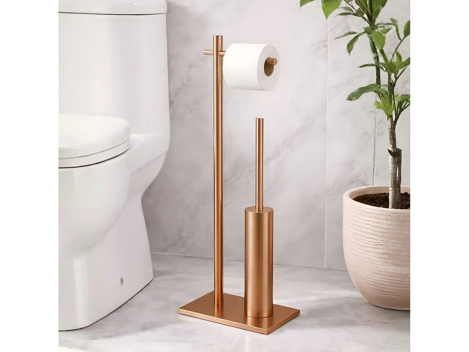 Porte papier toilette avec Porte-balai WC intégré - acier inoxydable S.304 cuivré brossé - Fixation Collée ou Vissée
