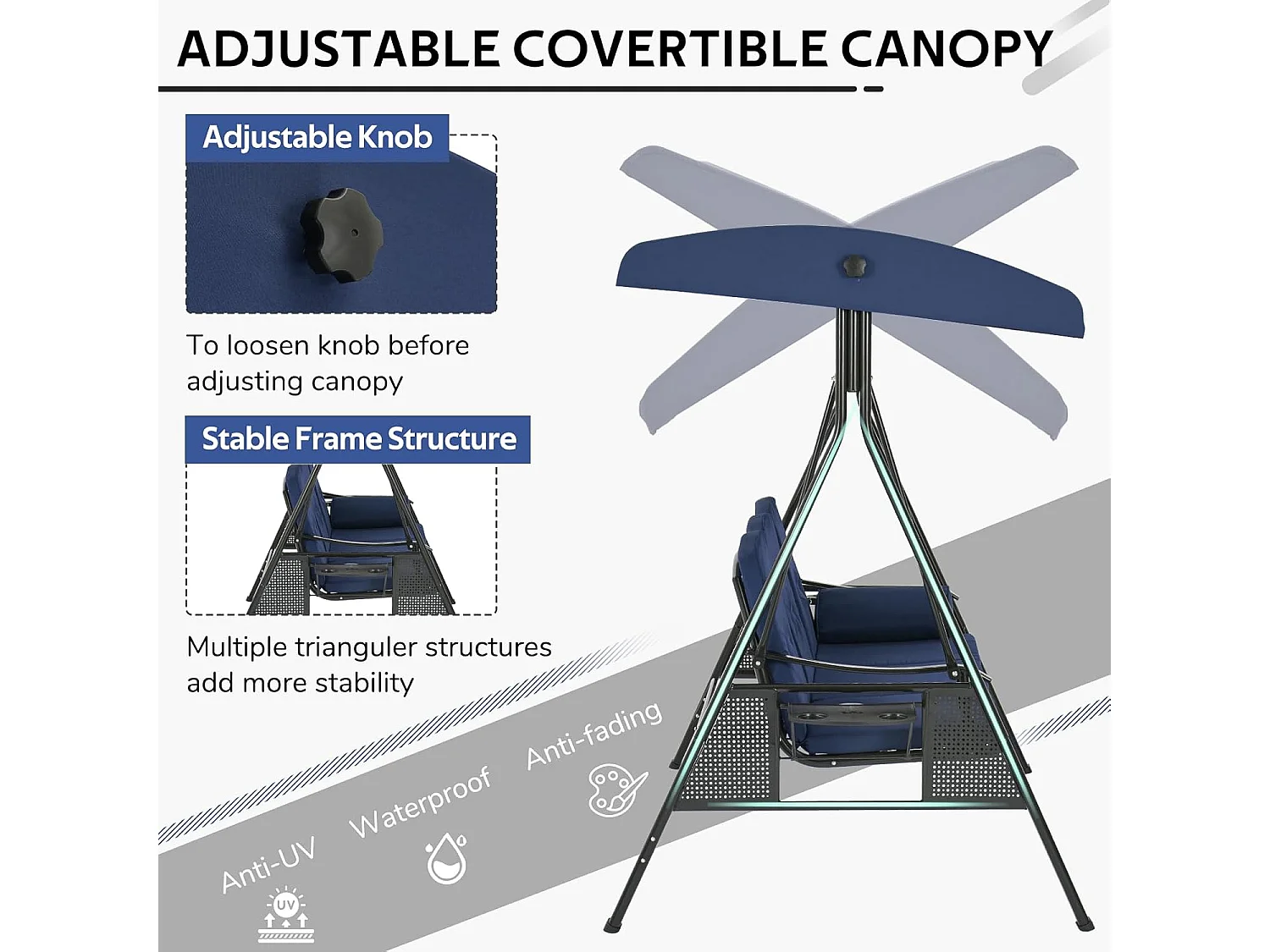 YODOLLA 3-Sitzer Hollywoodschaukel mit verstellbarem Baldachin & abnehmbarem Kissen, für Hinterhof, Garten, Hof, Pool, Balkon, Blau