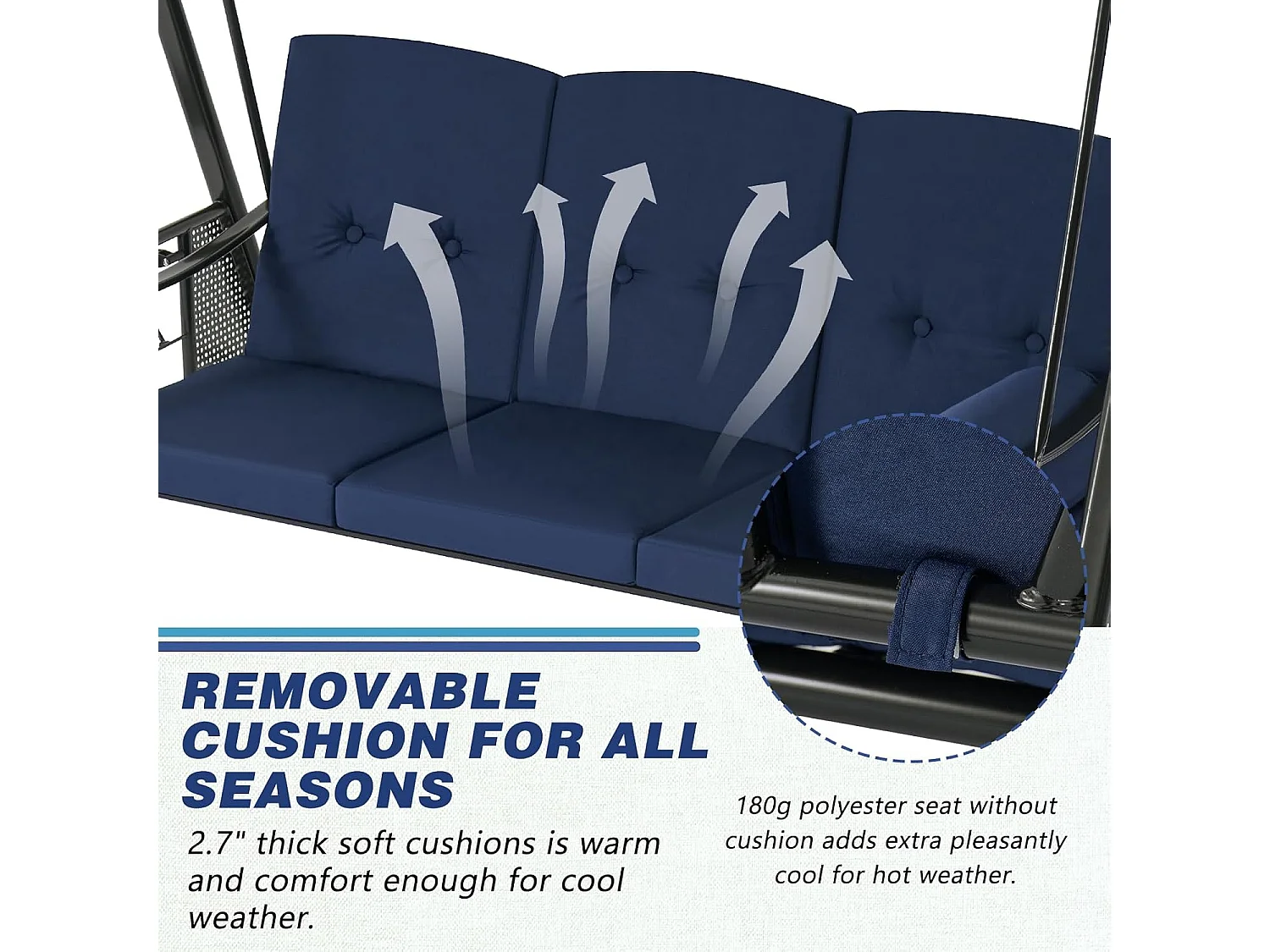 YODOLLA 3-Sitzer Hollywoodschaukel mit verstellbarem Baldachin & abnehmbarem Kissen, für Hinterhof, Garten, Hof, Pool, Balkon, Blau