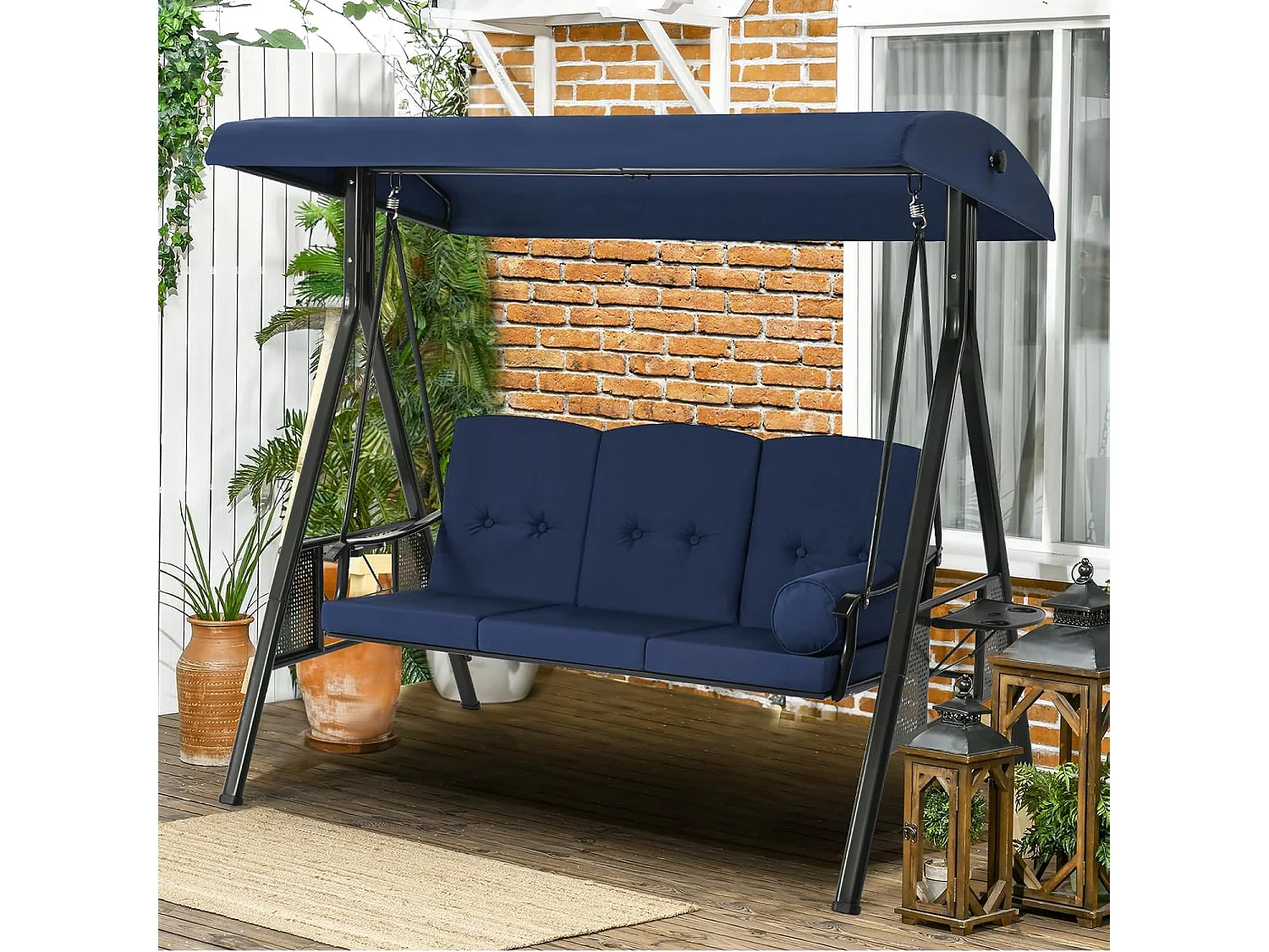 YODOLLA 3-Sitzer Hollywoodschaukel mit verstellbarem Baldachin & abnehmbarem Kissen, für Hinterhof, Garten, Hof, Pool, Balkon, Blau