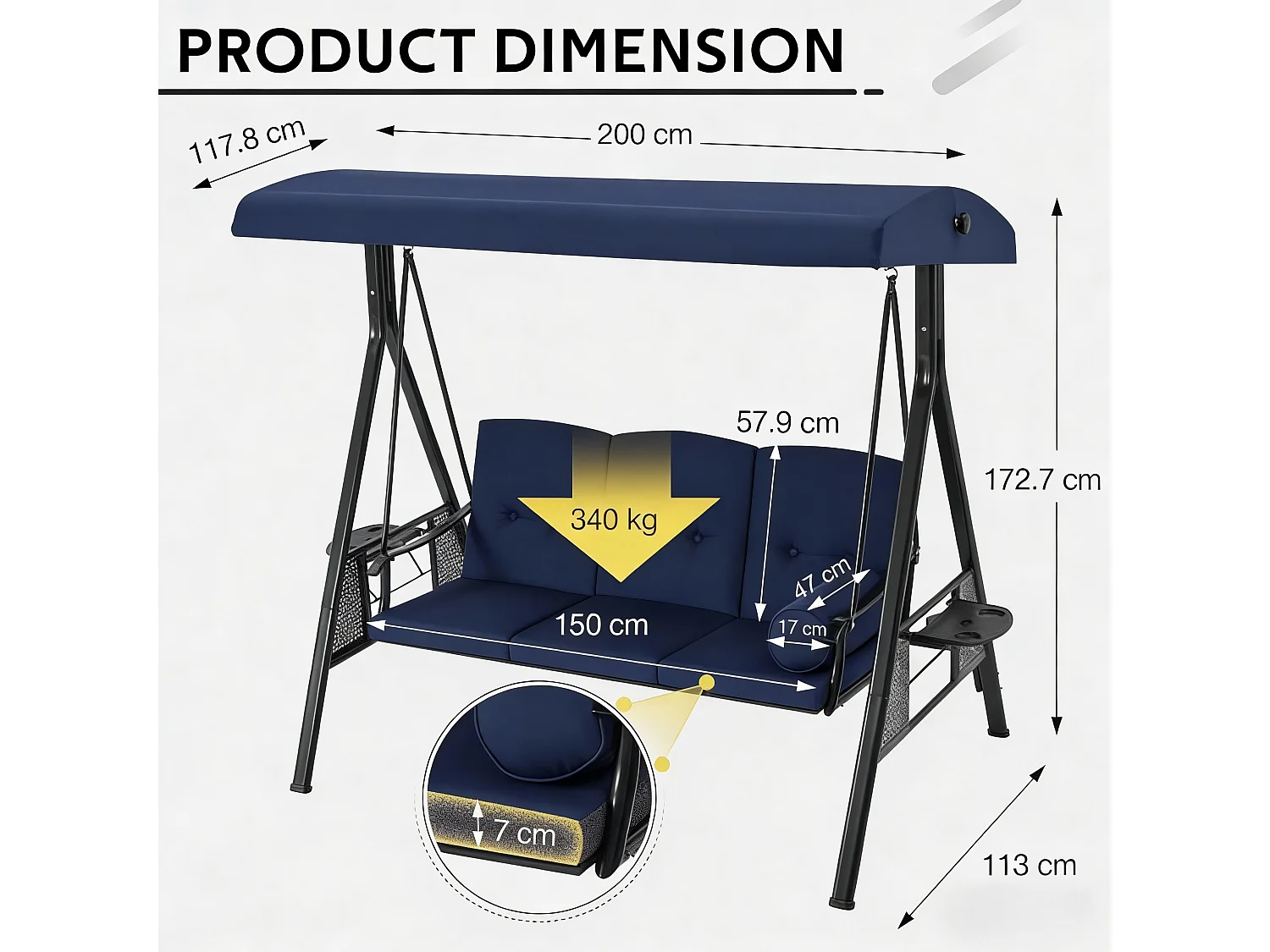 YODOLLA 3-Sitzer Hollywoodschaukel mit verstellbarem Baldachin & abnehmbarem Kissen, für Hinterhof, Garten, Hof, Pool, Balkon, Blau