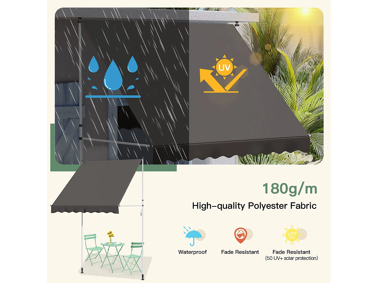 YODOLLA Manuelle Ausziehmarkise, Einstellbare Sonnenmarkise Mit UV-Schutz Für Terrasse, Fenster Oder Tür, Grau