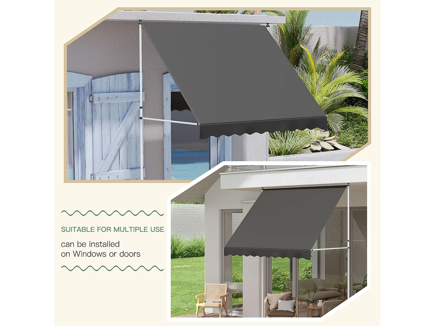 YODOLLA Manuelle Ausziehmarkise, Einstellbare Sonnenmarkise Mit UV-Schutz Für Terrasse, Fenster Oder Tür, Grau