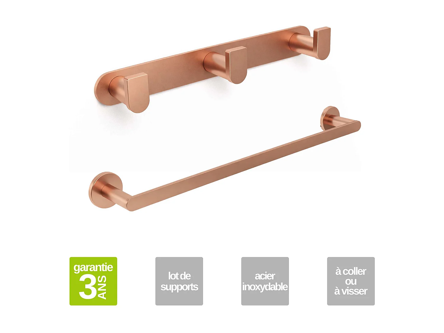 Patère murale salle de bain 25cm et porte serviette 50 cm - acier inoxydable S.304 cuivré brossé - Fixation Collée ou Vissée