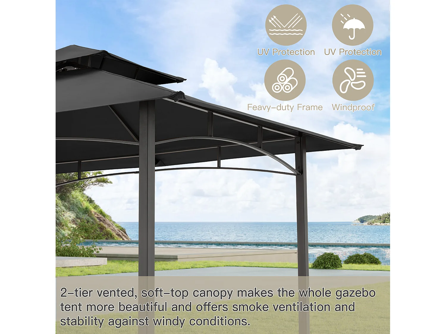 YODOLLA Grill-Pergola aus Metall für den Außenbereich, 2.4x1.5m, Schwarz