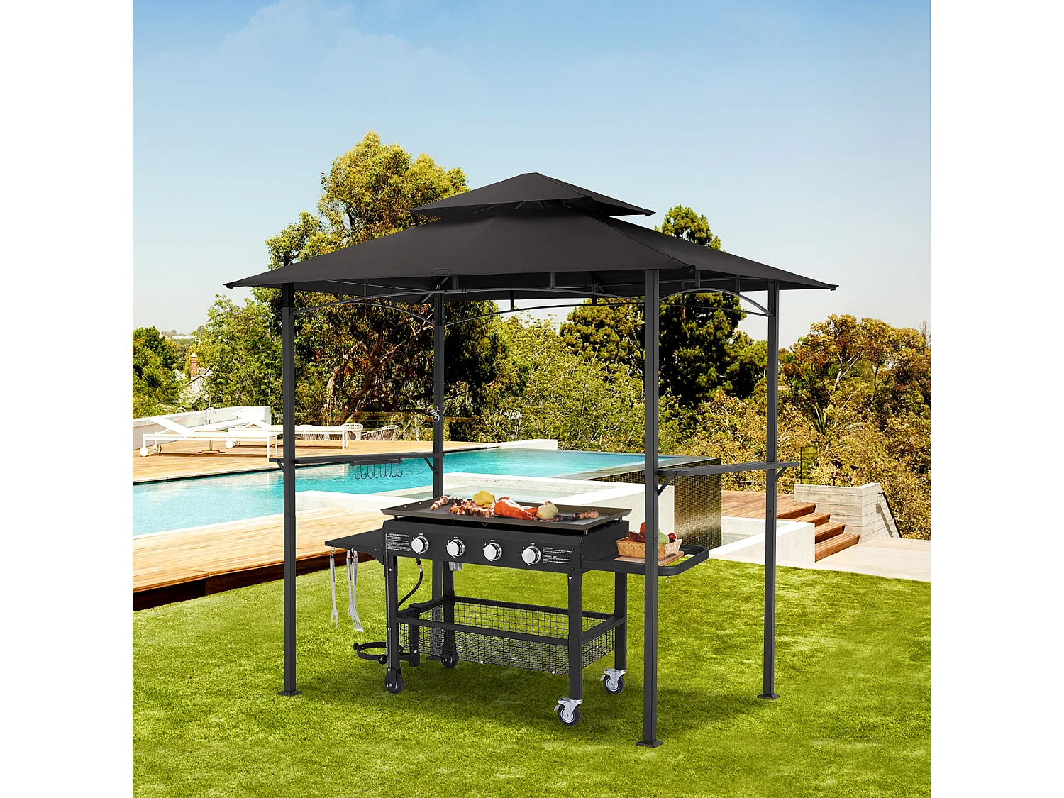 YODOLLA Grill-Pergola aus Metall für den Außenbereich, 2.4x1.5m, Schwarz