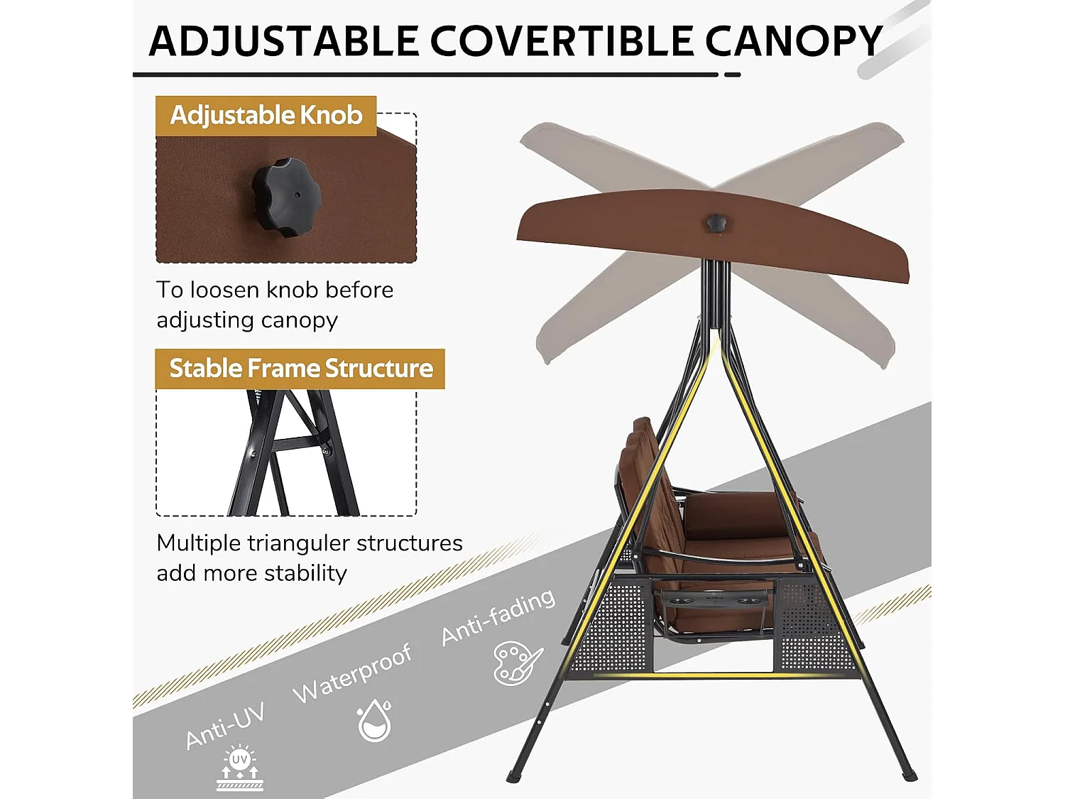 YODOLLA 3-Sitzer Hollywoodschaukel mit verstellbarem Baldachin & abnehmbarem Kissen, für Hinterhof, Garten, Hof, Pool, Balkon, Beige