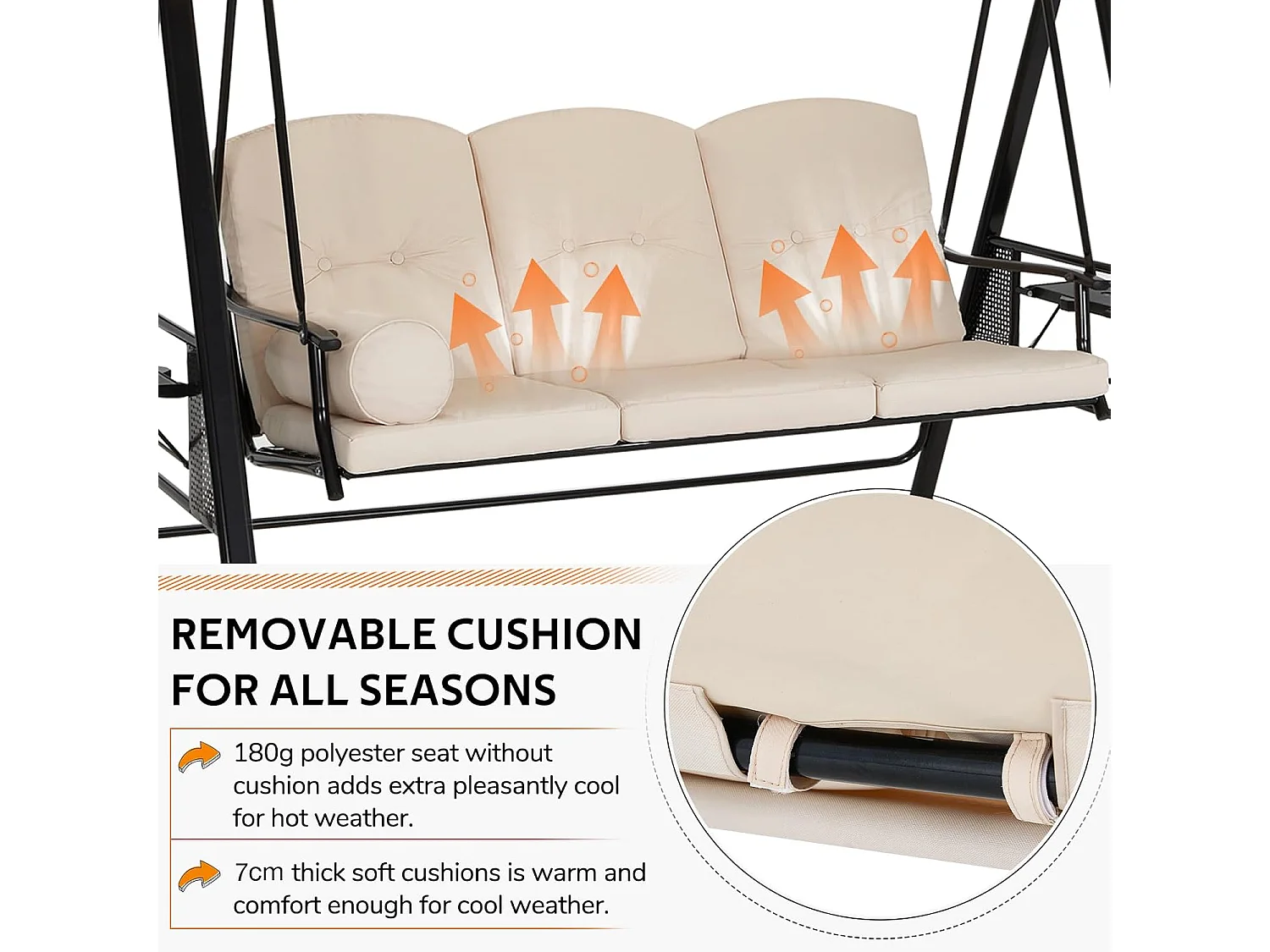 YODOLLA 3-Sitzer Hollywoodschaukel mit verstellbarem Baldachin & abnehmbarem Kissen, für Hinterhof, Garten, Hof, Pool, Balkon, Beige