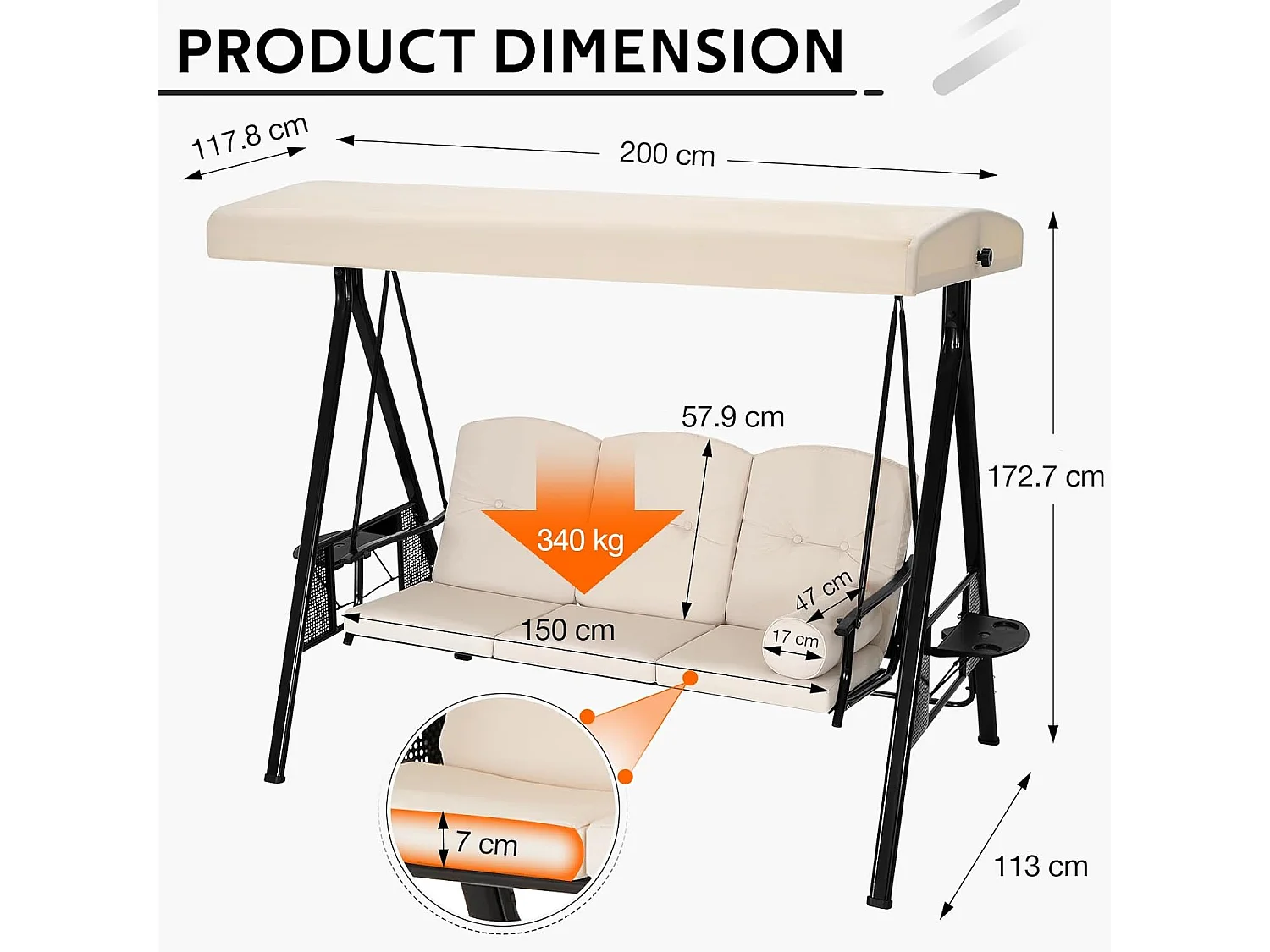 YODOLLA 3-Sitzer Hollywoodschaukel mit verstellbarem Baldachin & abnehmbarem Kissen, für Hinterhof, Garten, Hof, Pool, Balkon, Beige