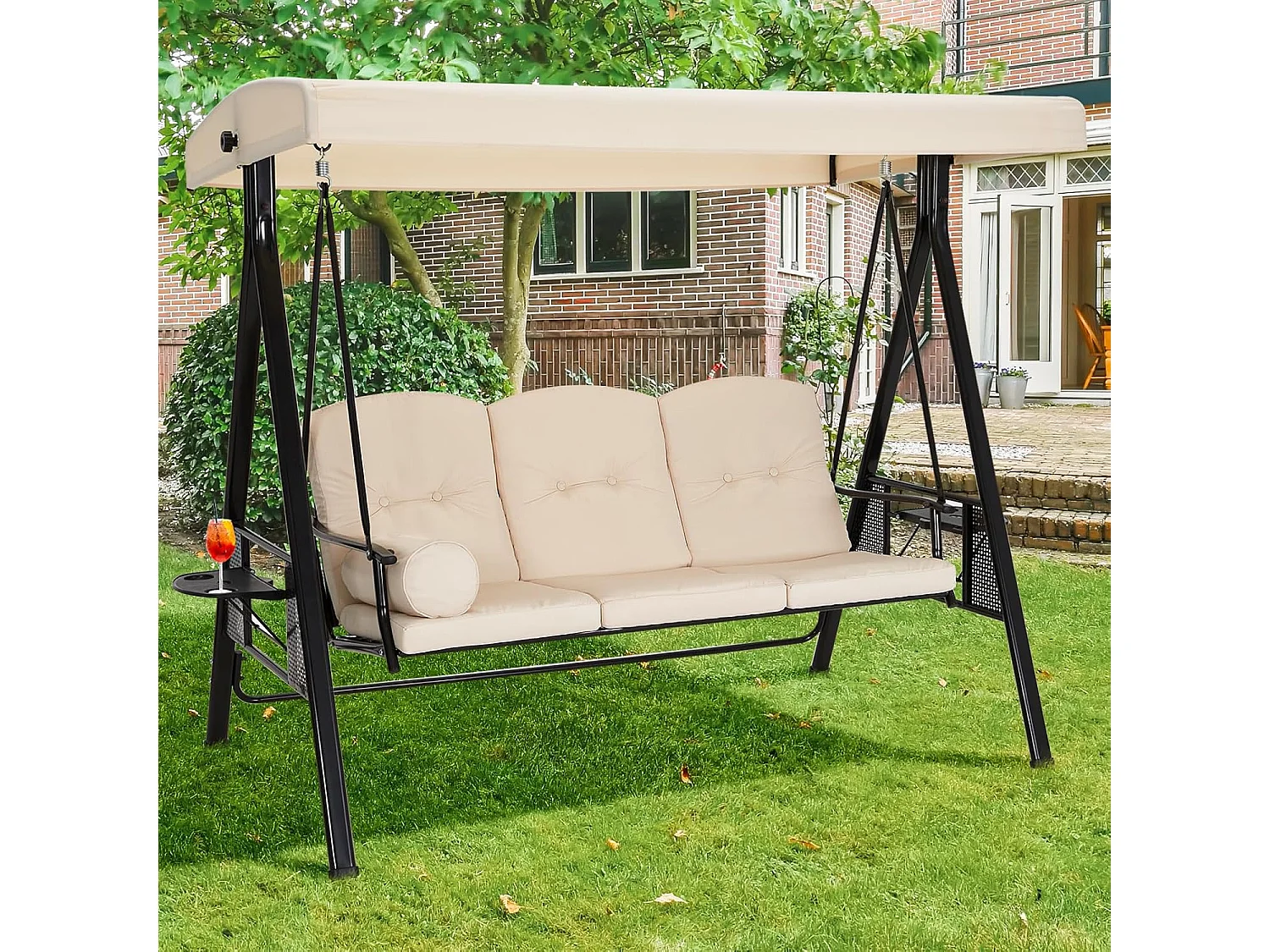 YODOLLA 3-Sitzer Hollywoodschaukel mit verstellbarem Baldachin & abnehmbarem Kissen, für Hinterhof, Garten, Hof, Pool, Balkon, Beige