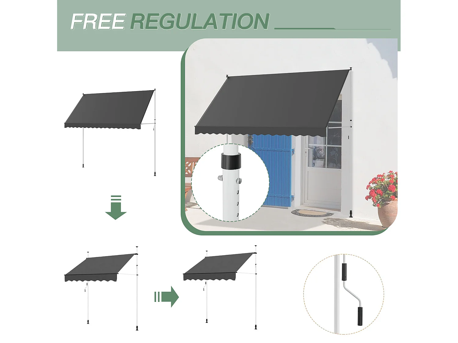 YODOLLA Manuelle Ausziehmarkise, Einstellbare Sonnenmarkise Mit UV-Schutz Für Terrasse, Fenster Oder Tür, 3 X 3 M, Grau