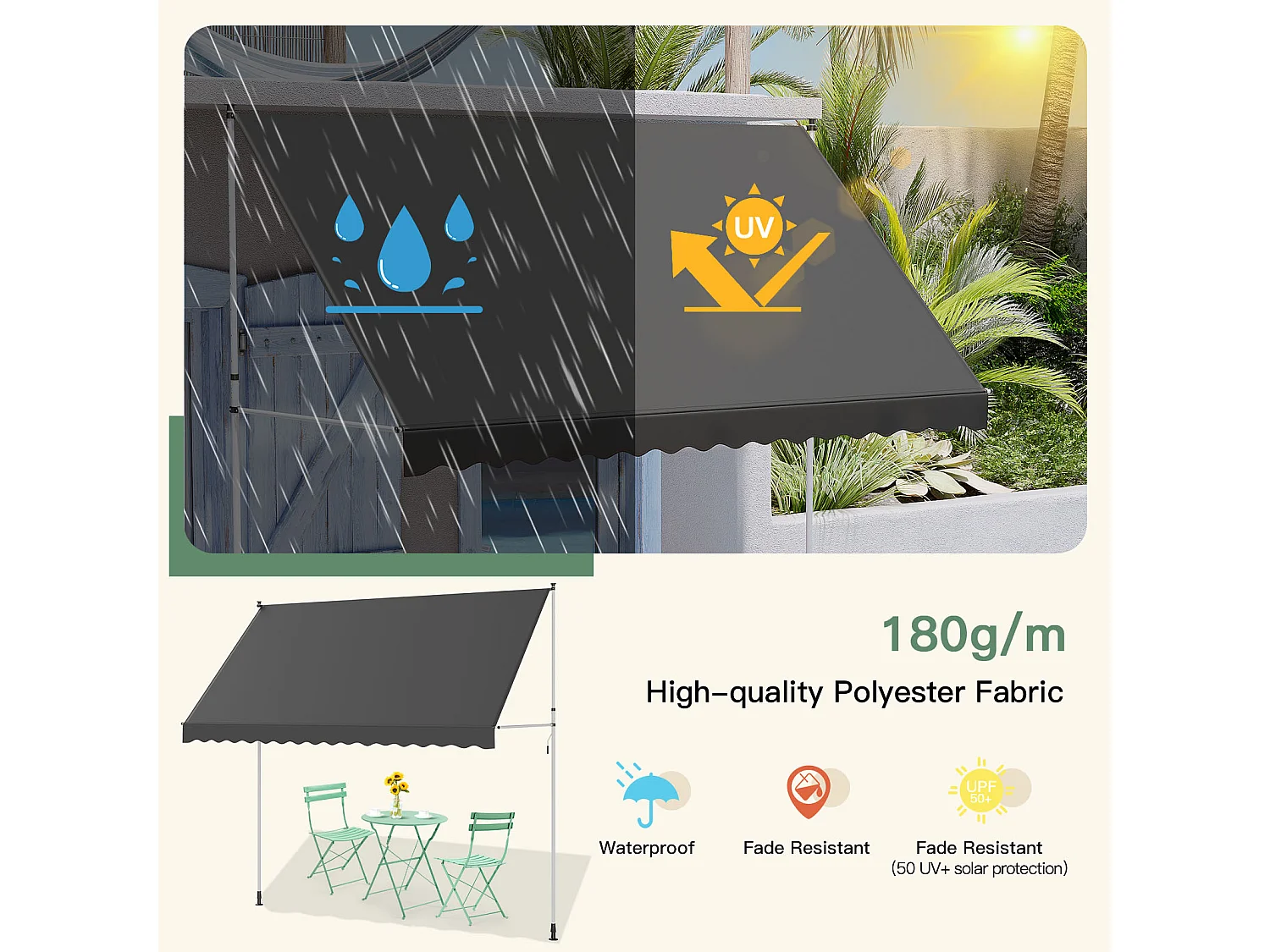 YODOLLA Manuelle Ausziehmarkise, Einstellbare Sonnenmarkise Mit UV-Schutz Für Terrasse, Fenster Oder Tür, 3 X 3 M, Grau