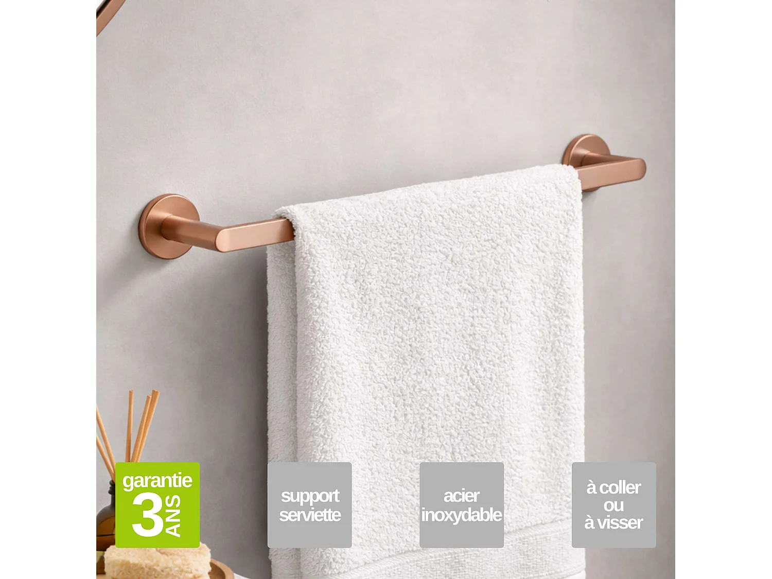 3 Patères murale salle de bain et porte serviette 50 cm - acier inoxydable S.304 cuivré brossé - Fixation Collée ou Vissée