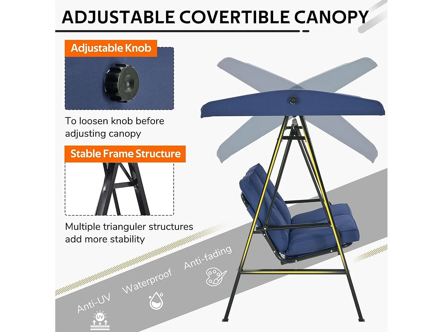 YODOLLA Balancelle de Jardin 2 Places avec Auvant Réglable et Coussins Amovible - 143x95x153 CM - Bleu