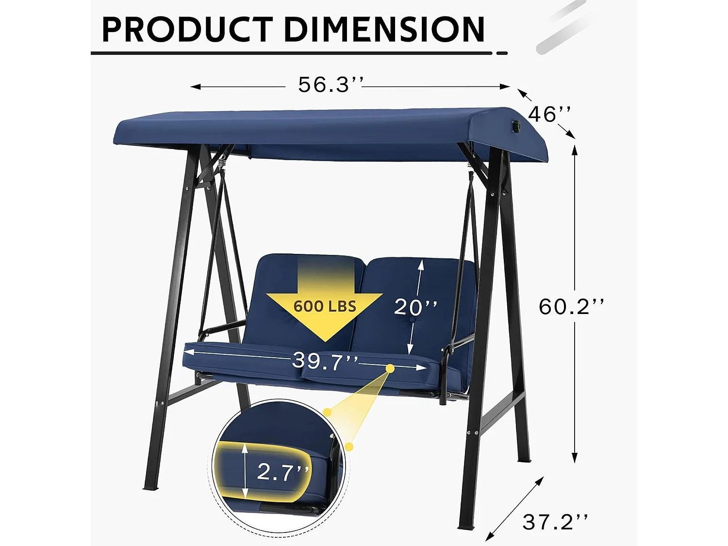 YODOLLA Balancelle de Jardin 2 Places avec Auvant Réglable et Coussins Amovible - 143x95x153 CM - Bleu