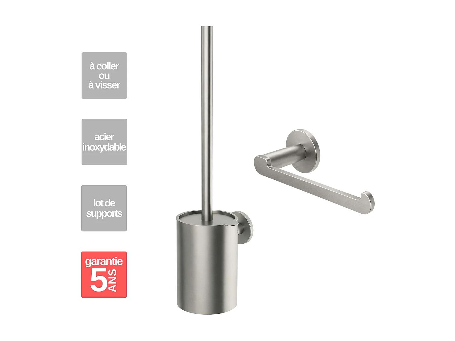 Porte papier toilette et Porte-balai WC - acier inoxydable S.316 - Fixation Collée ou Vissée