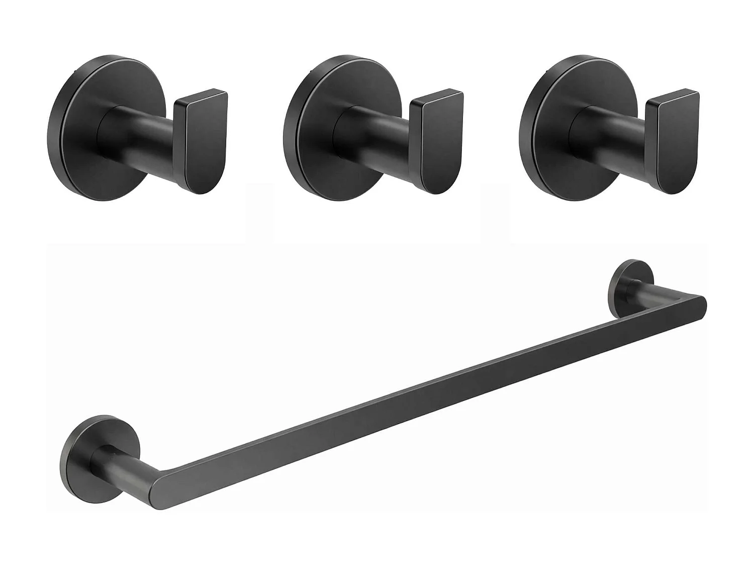 Porte serviette salle de bain 50cm et 3 Patères murale salle de bain  - acier inoxydable S.304 noir mat - Fixation Collée ou Vissée