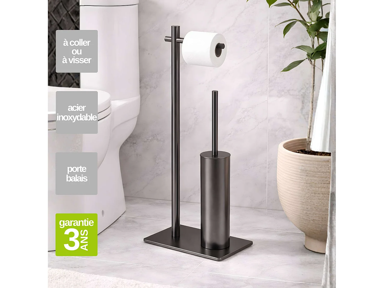Porte papier toilette avec Porte-balai WC intégré - acier inoxydable S.304 gun métal - Fixation Collée ou Vissée