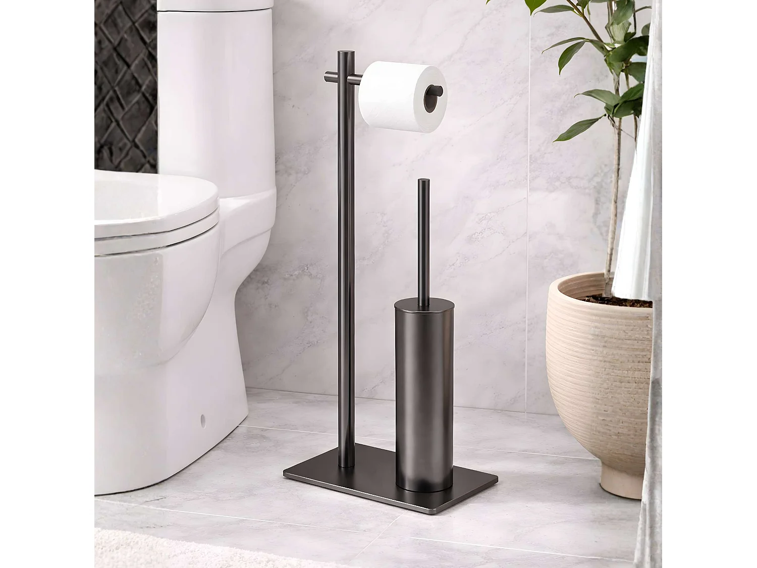 Porte papier toilette avec Porte-balai WC intégré - acier inoxydable S.304 gun métal - Fixation Collée ou Vissée