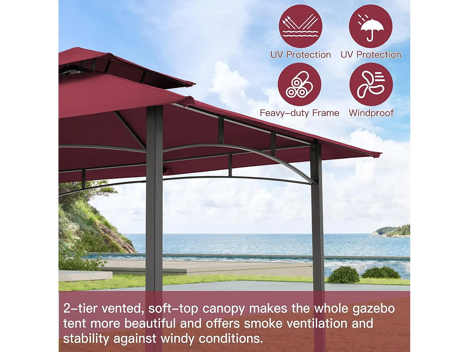 YODOLLA Metall-Grillpavillon für Außengarten - 2,4 x 1,5 m - Bordeauxrot