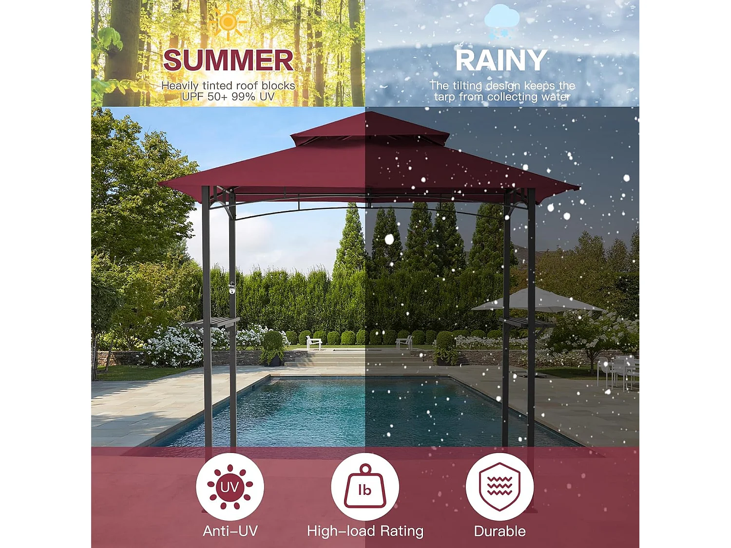 YODOLLA Metall-Grillpavillon für Außengarten - 2,4 x 1,5 m - Bordeauxrot