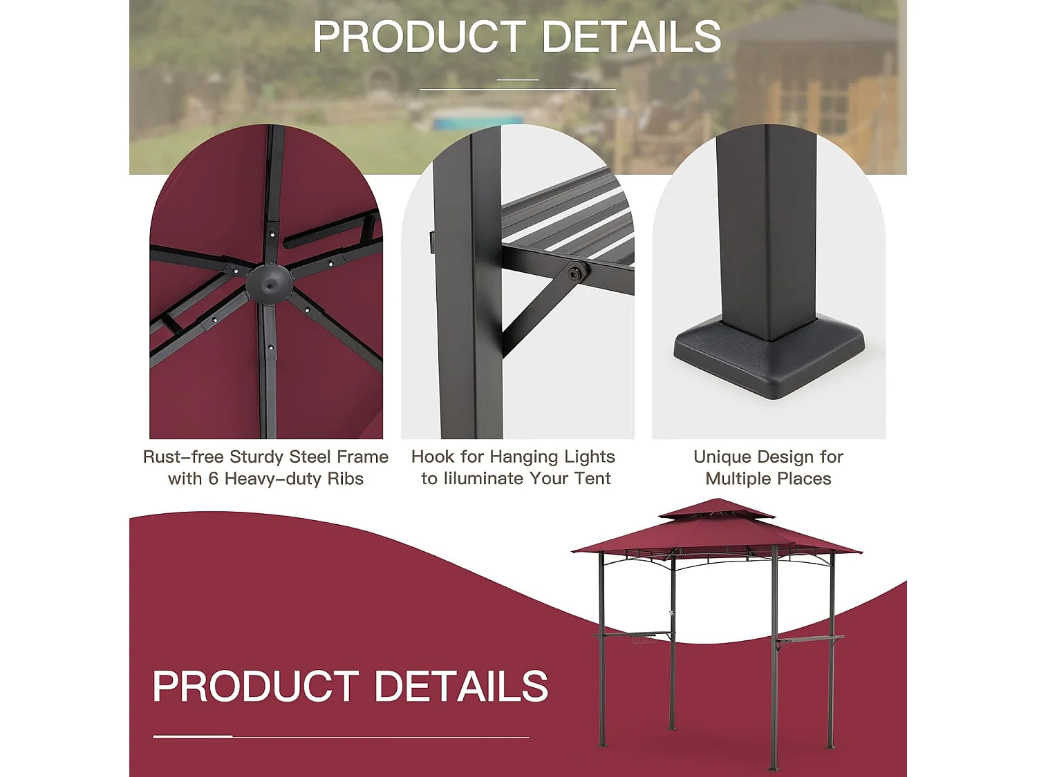 YODOLLA Metall-Grillpavillon für Außengarten - 2,4 x 1,5 m - Bordeauxrot