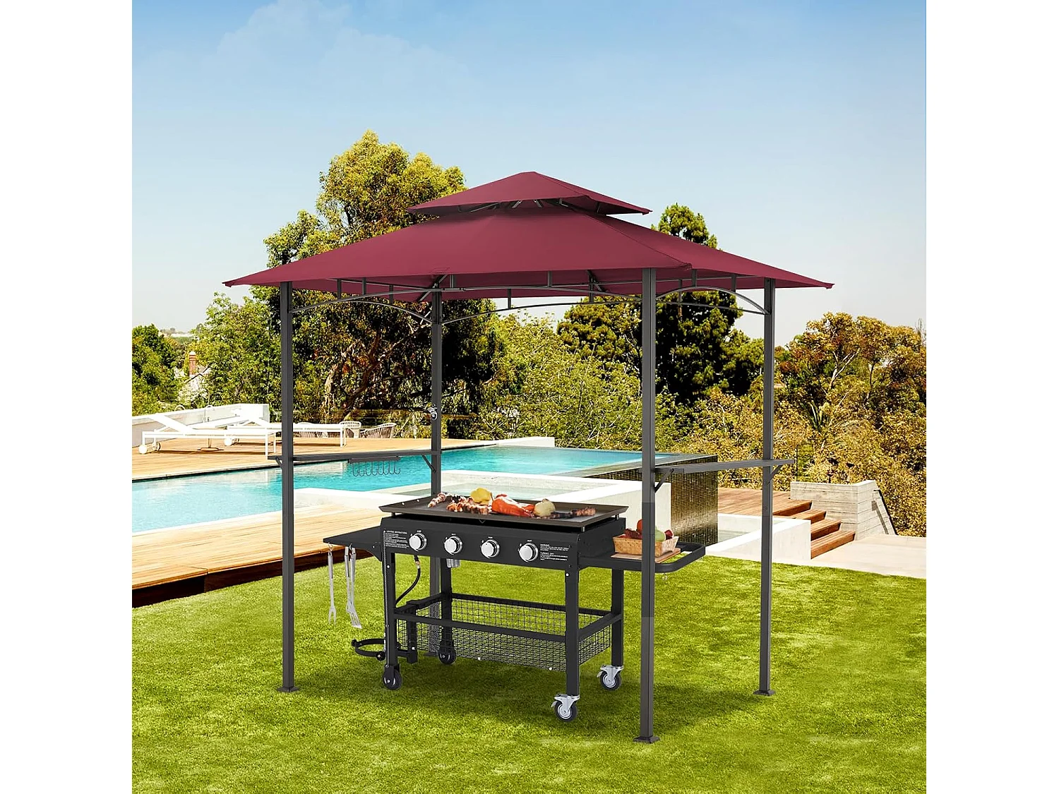 YODOLLA Metall-Grillpavillon für Außengarten - 2,4 x 1,5 m - Bordeauxrot