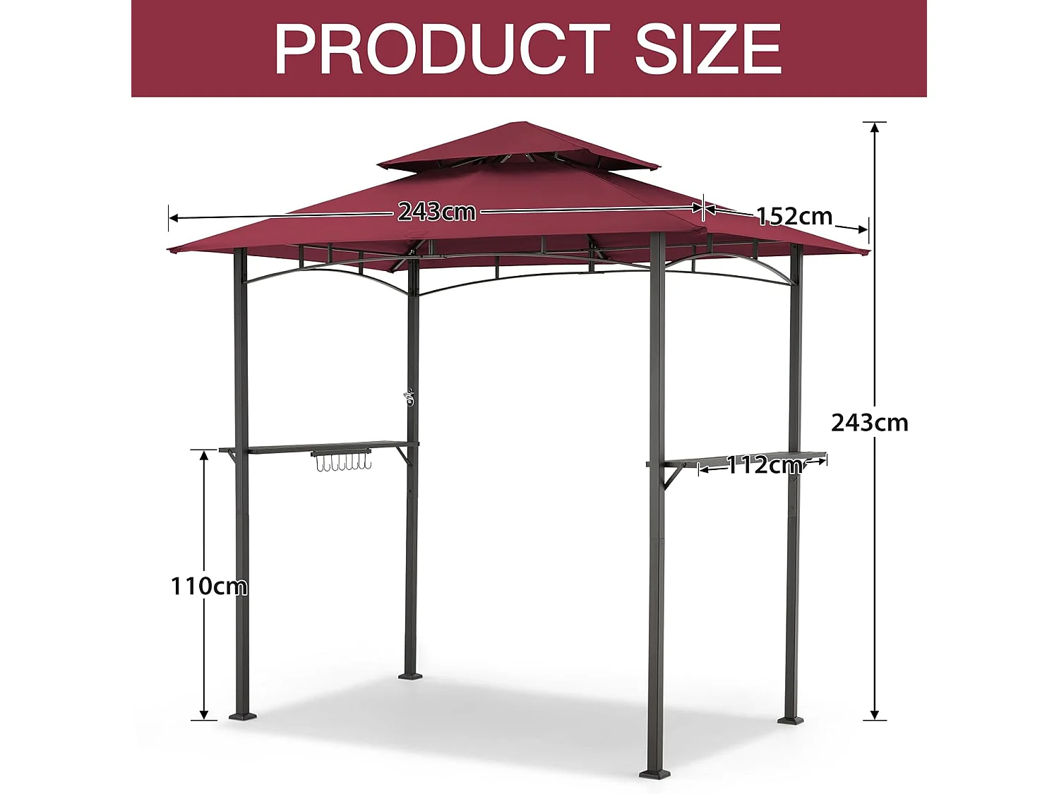 YODOLLA Metall-Grillpavillon für Außengarten - 2,4 x 1,5 m - Bordeauxrot