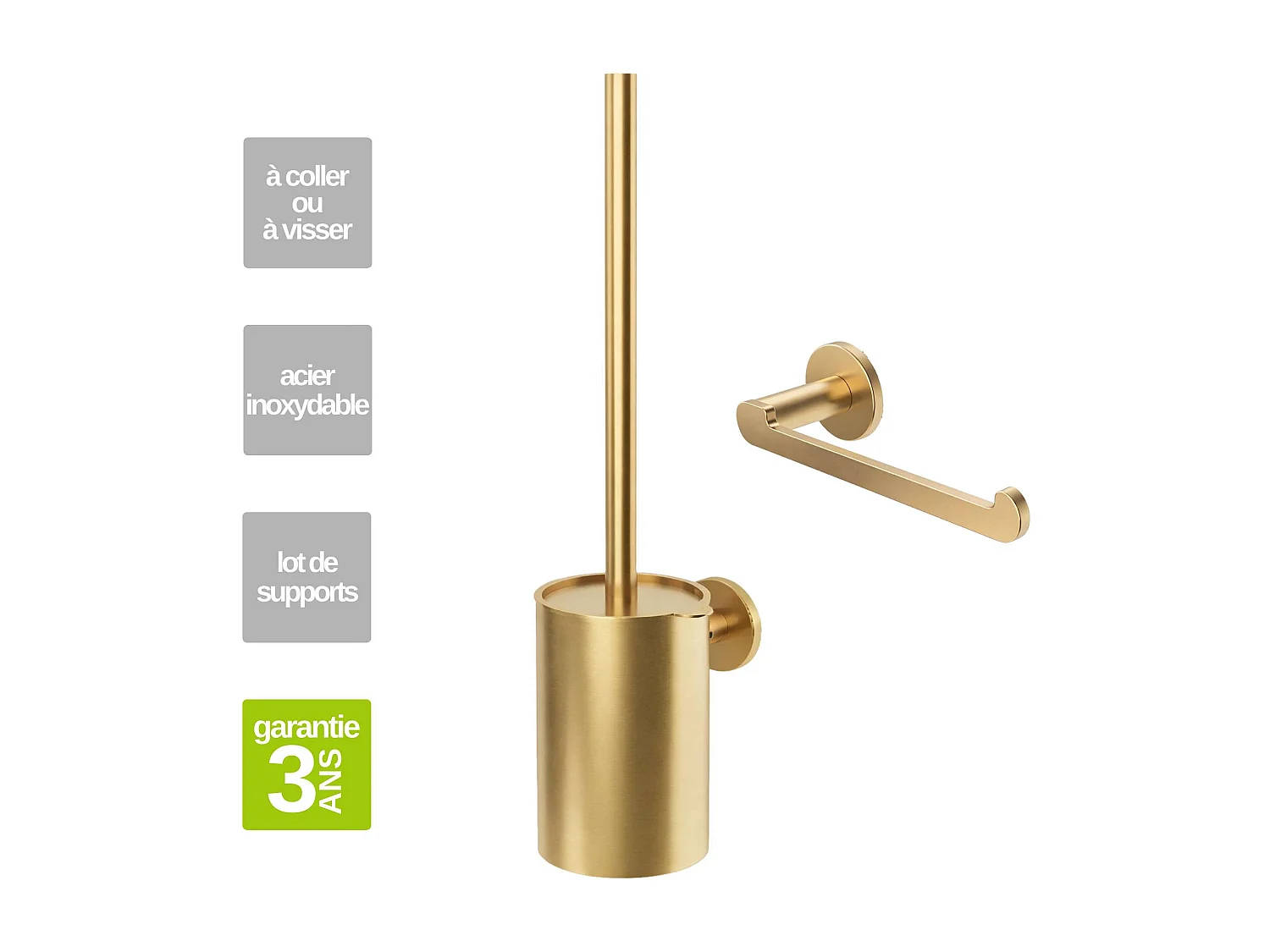 Porte-balai WC et Porte papier toilette - acier inoxydable S.304 or brossé - Fixation Collée ou Vissée