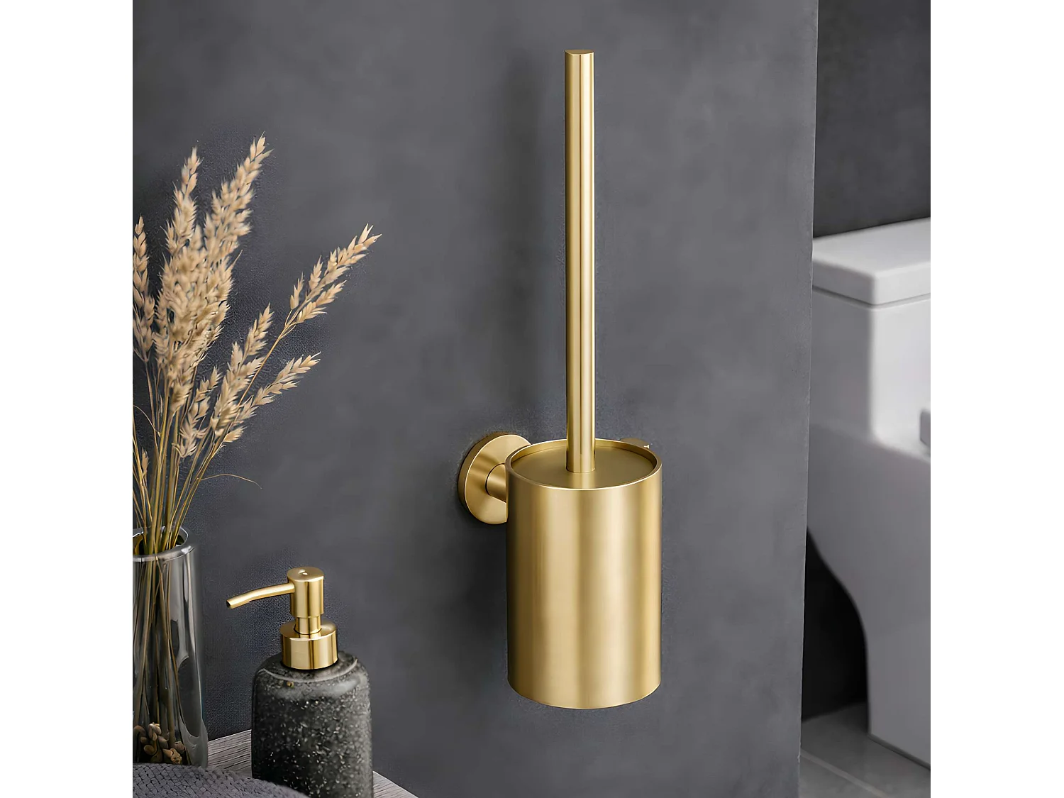 Porte-balai WC et Porte papier toilette - acier inoxydable S.304 or brossé - Fixation Collée ou Vissée