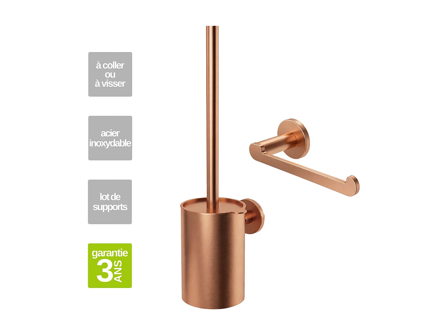 Porte papier toilette et Porte-balai WC - acier inoxydable S.304 cuivré brossé - Fixation Collée ou Vissée