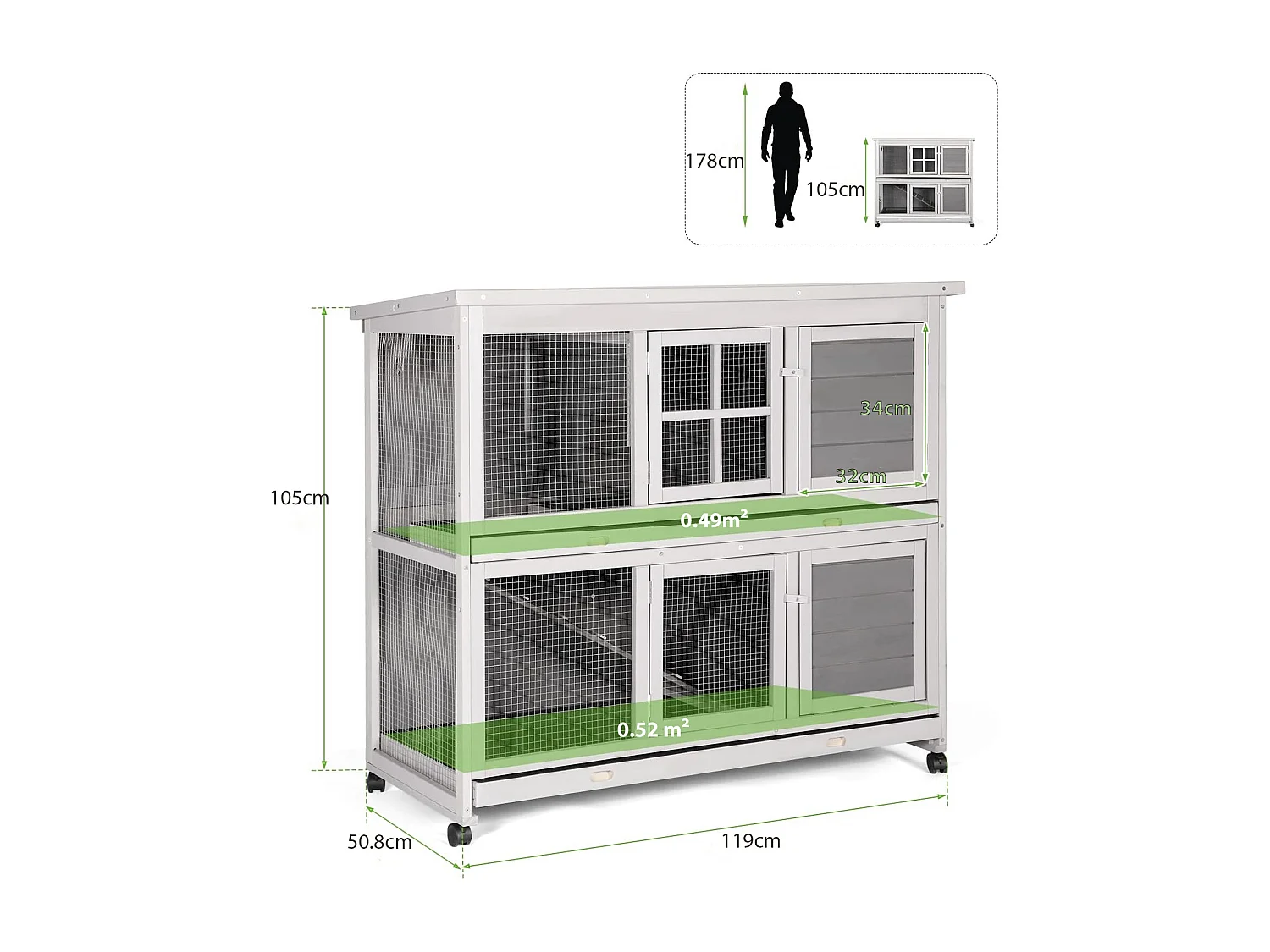 YODOLLA Clapier - 2 étages - plateau amovible - 5 portes - grillage métallique - 119 x 50 x 105 cm - Gris
