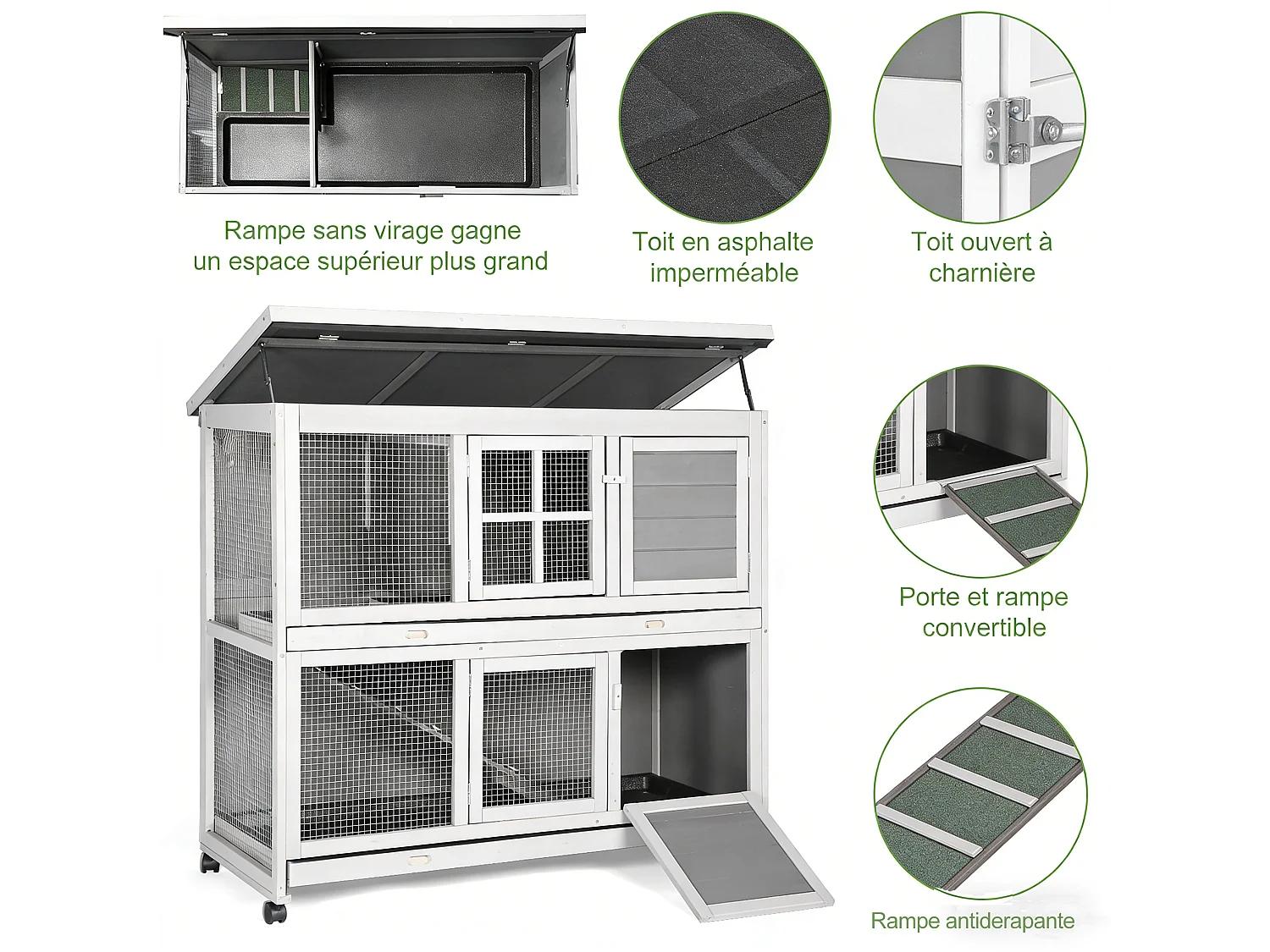 YODOLLA Clapier - 2 étages - plateau amovible - 5 portes - grillage métallique - 119 x 50 x 105 cm - Gris