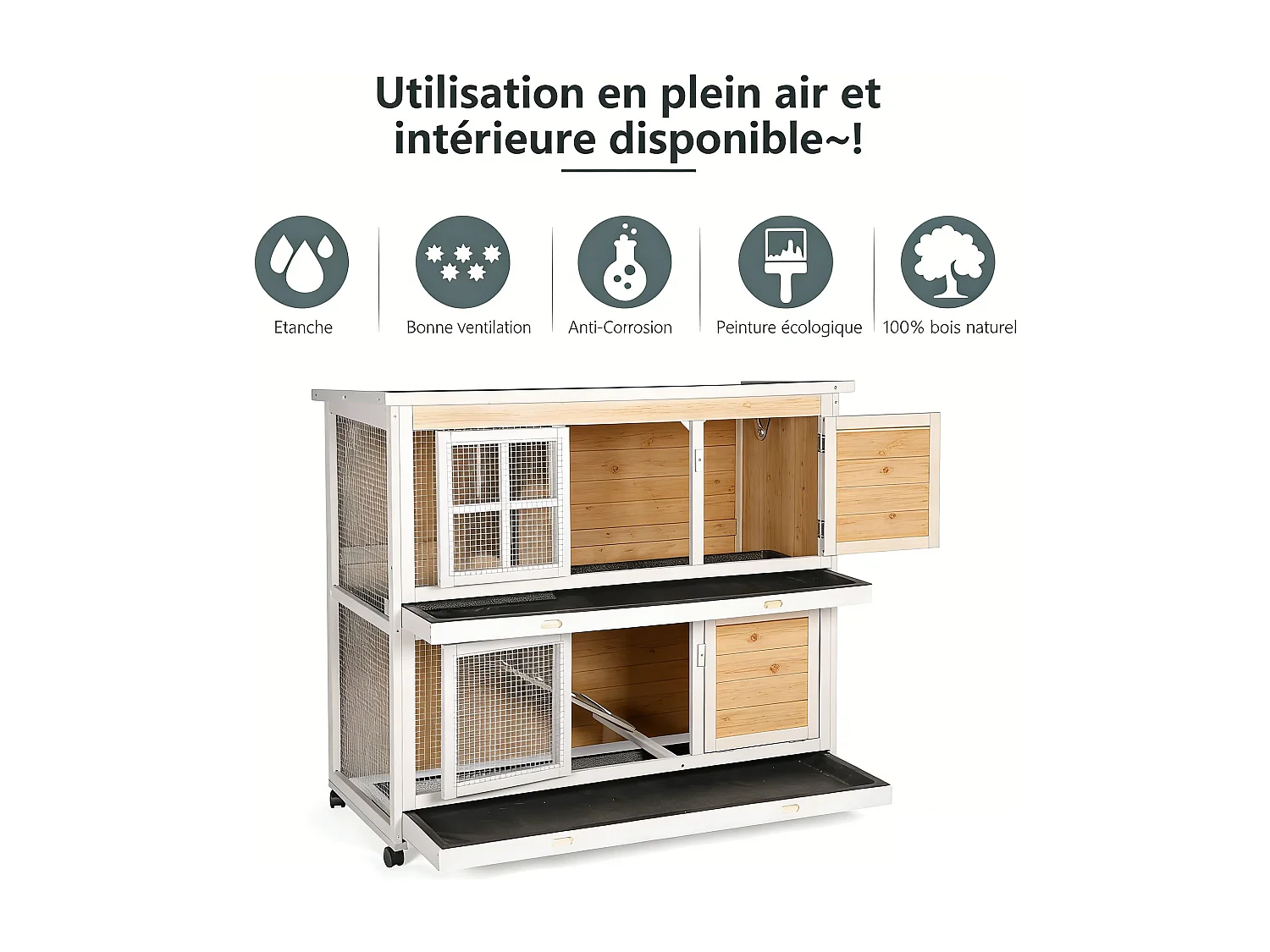 YODOLLA Clapier - 2 étages - plateau amovible - 5 portes - grillage métallique - 119 x 50 x 105 cm - Gris