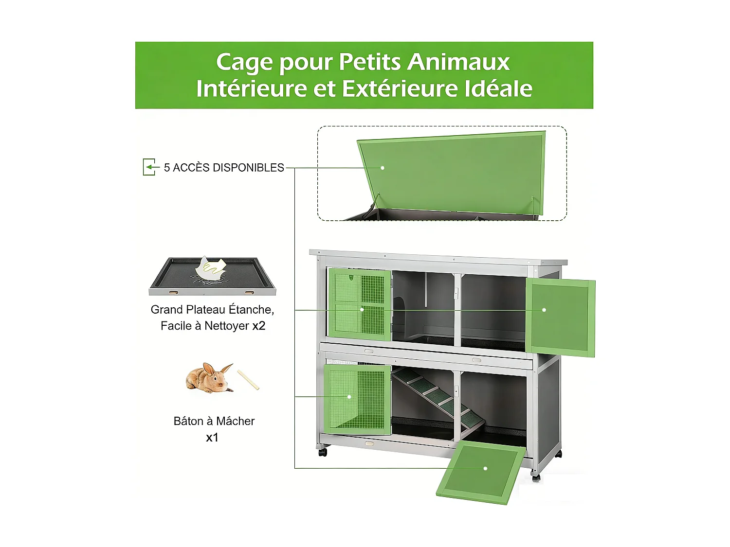 YODOLLA Clapier - 2 étages - plateau amovible - 5 portes - grillage métallique - 119 x 50 x 105 cm - Gris