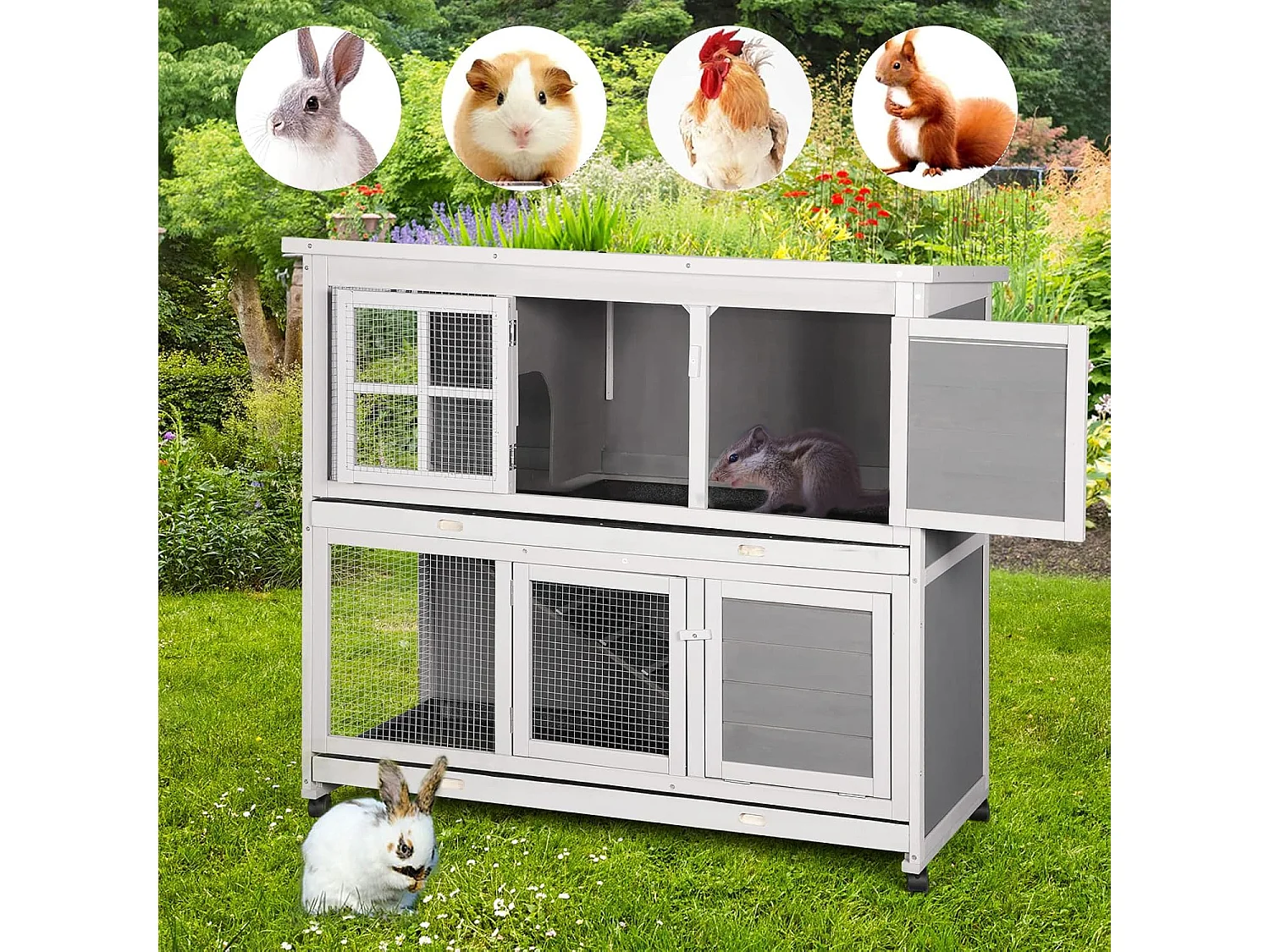 YODOLLA Clapier - 2 étages - plateau amovible - 5 portes - grillage métallique - 119 x 50 x 105 cm - Gris
