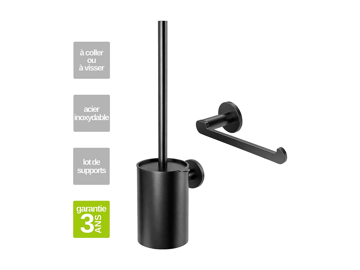 Porte-balai WC et Porte papier toilette - acier inoxydable S.304 gun métal - Fixation Collée ou Vissée