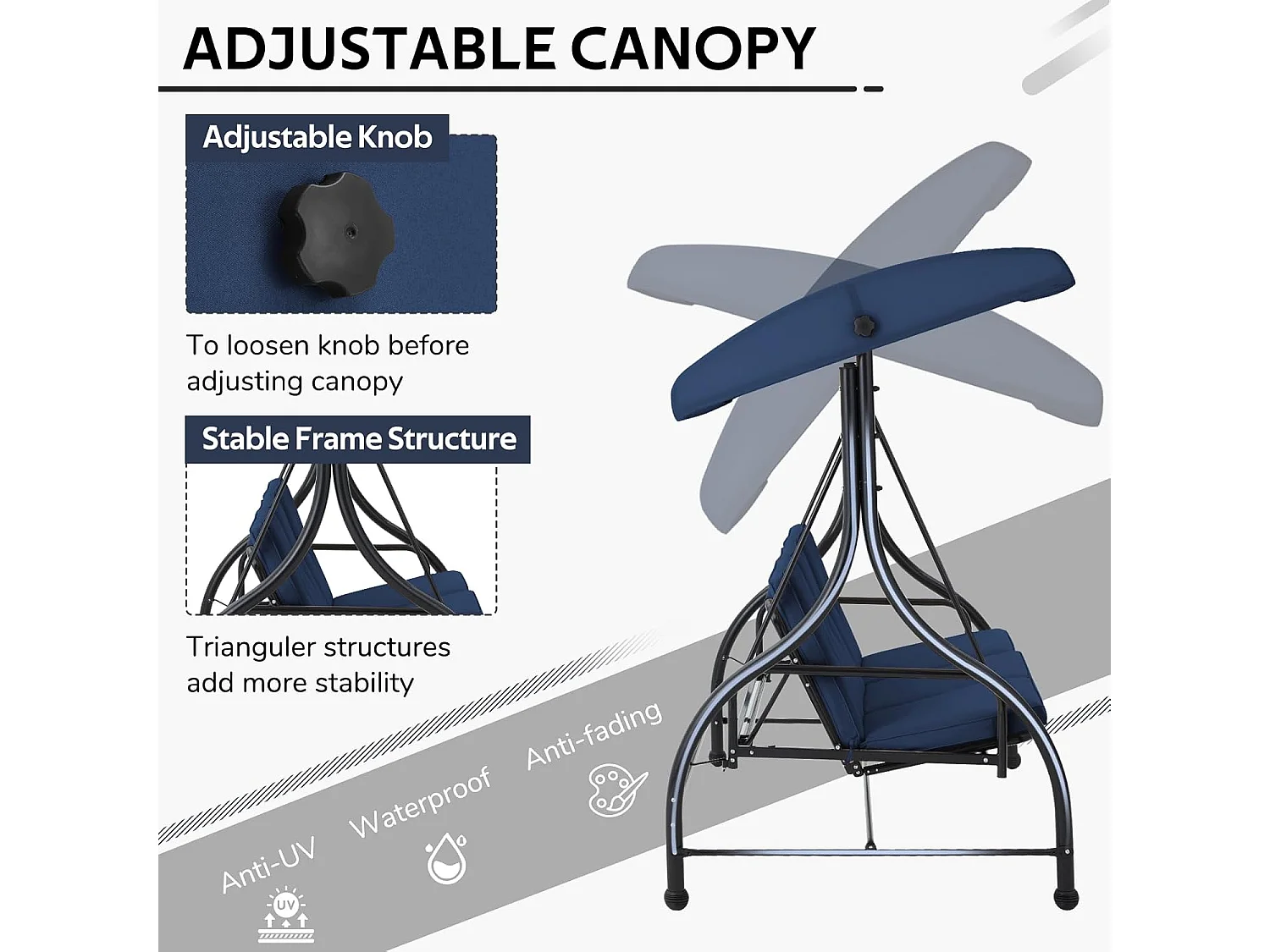 YODOLLA Balancelle de Jardin 3 Places avec Auvant Réglable et Coussins Amovible - 182x108x178 cm - Bleu