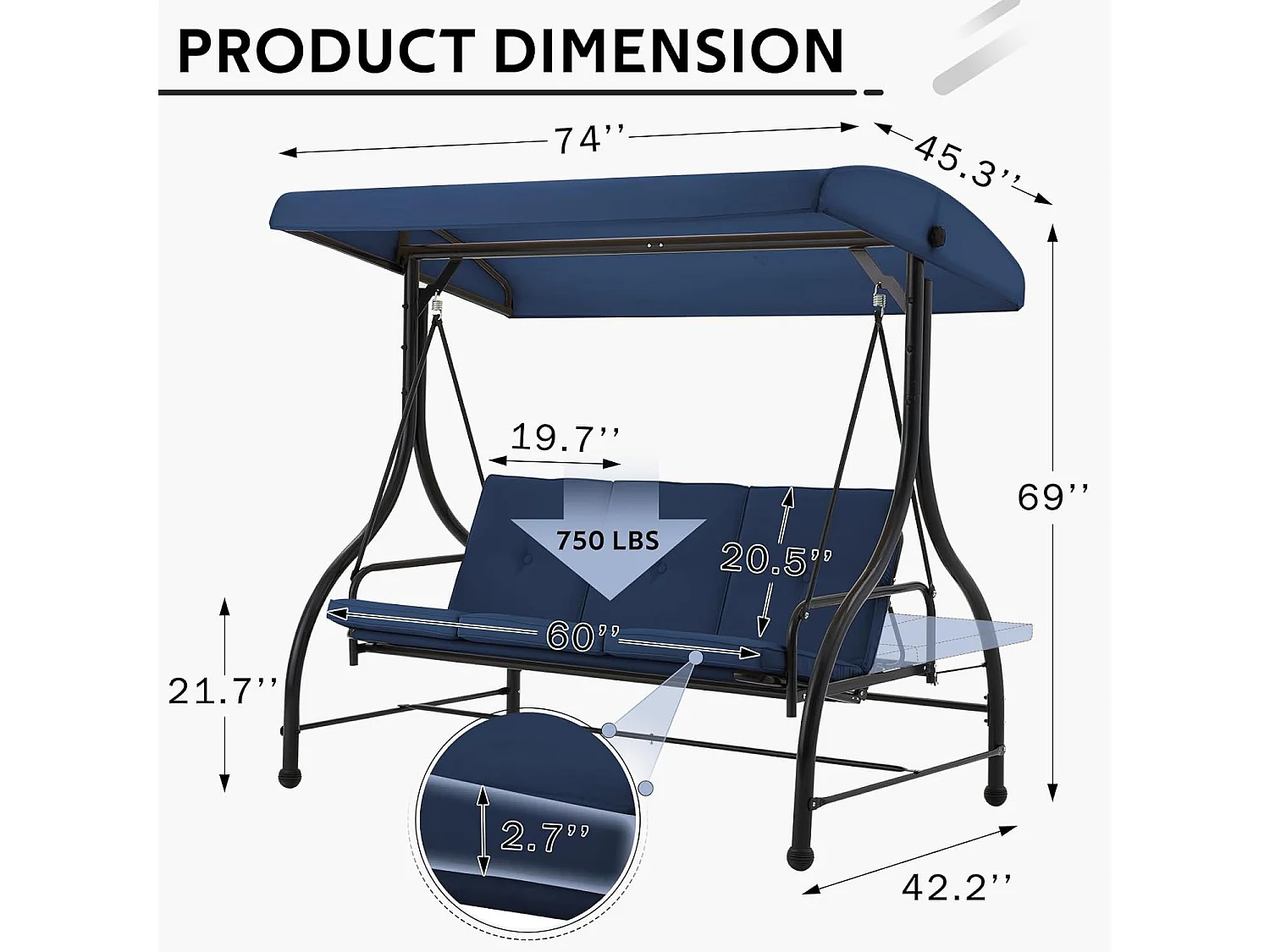 YODOLLA Balancelle de Jardin 3 Places avec Auvant Réglable et Coussins Amovible - 182x108x178 cm - Bleu