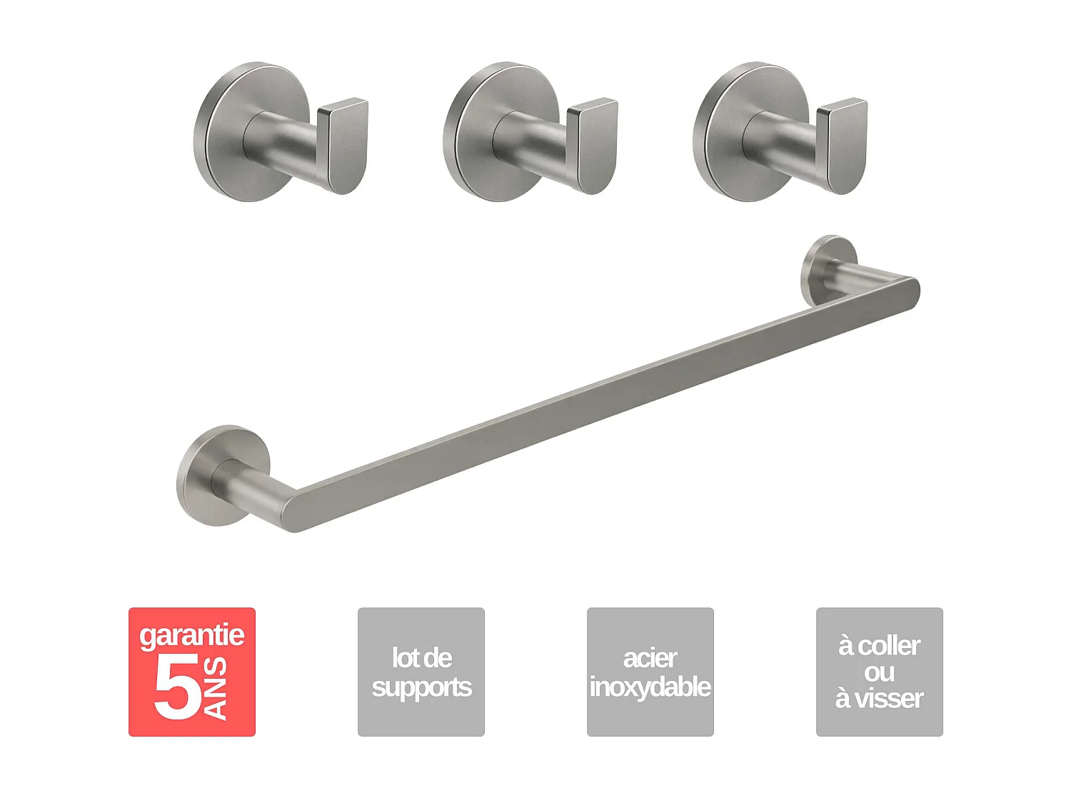 Patère murale salle de bain 25cm et porte serviette 50 cm - acier inoxydable S.316 - Fixation Collée ou Vissée