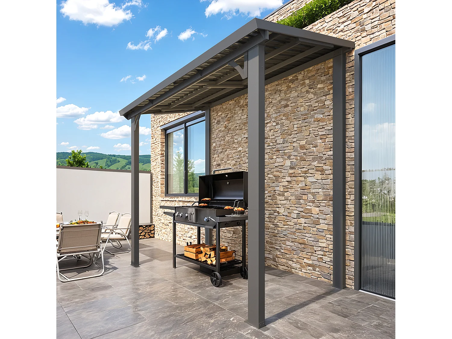 YODOLLA - Pergola Murale - Toit Massif Opaque et Incliné - Résistant aux UV & Vent - Tonnelle Jardin Exterieur - 1.5x2.5m - Noir